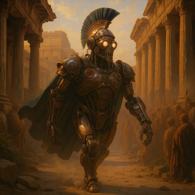 A steampunk robot time-traveling in ancient Rome, depicted in a detailed cinematic style… - Black Forest Labs FLUX.1 Kontext Max