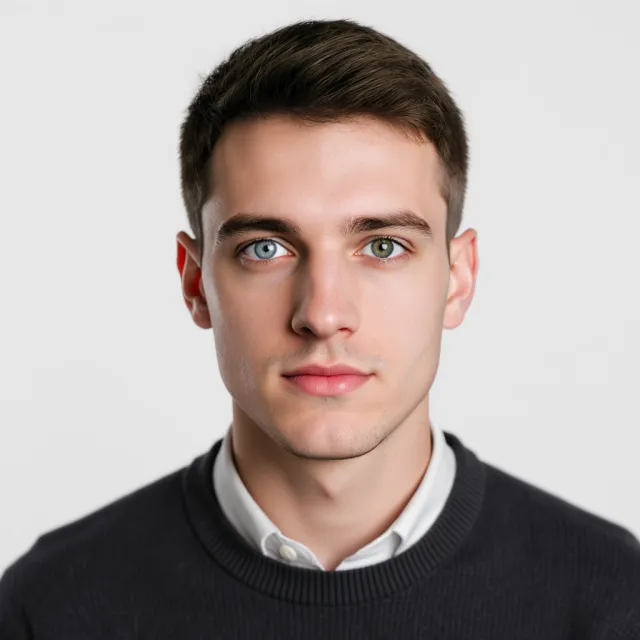 A studio headshot of a young man with one blue eye and one green eye (heterochromia) - Black Forest Labs FLUX.1 Kontext Max