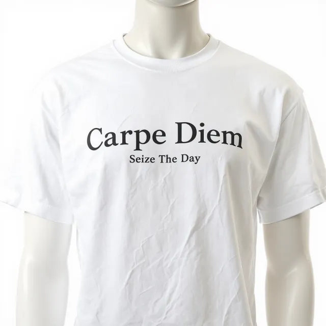 A wrinkled white T-shirt with "Carpe Diem" in bold serif font and "Seize The Day" in… - Black Forest Labs FLUX.1 Kontext Max