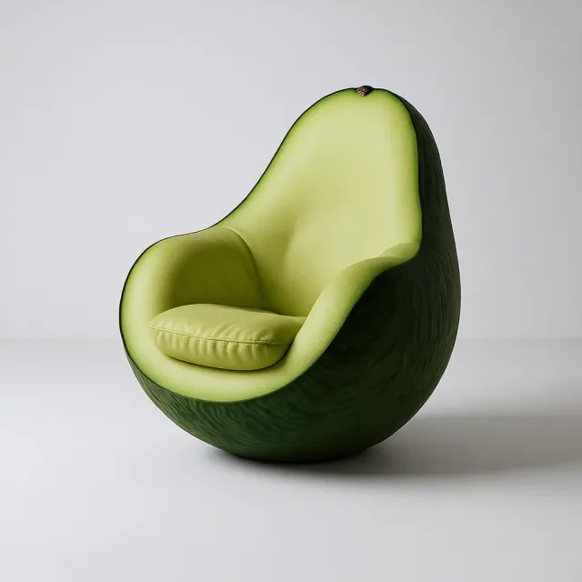 An armchair designed in the shape of an avocado, presented in a contemporary product photography style with professional studio lighting against a minimalist background. - FLUX.1 Kontext Max