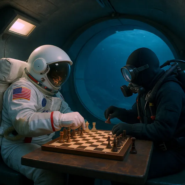 An astronaut and a deep-sea diver playing chess together inside a submarine - Black Forest Labs FLUX.1 Kontext Max
