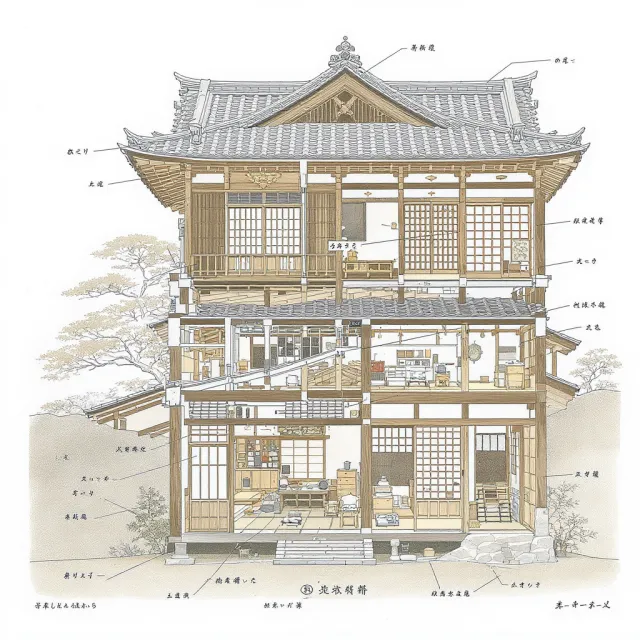 Cutaway architectural drawing of a traditional Japanese machiya townhouse showing all… - Black Forest Labs FLUX.1 Kontext Max
