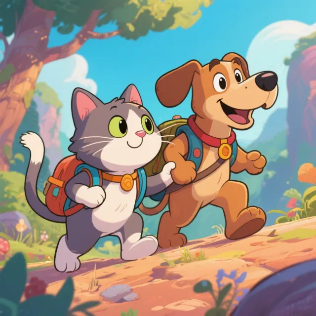 A cartoon of a cat and a dog on an adventure, drawn in a colorful 2D style - Bytedance Seedream 3.0