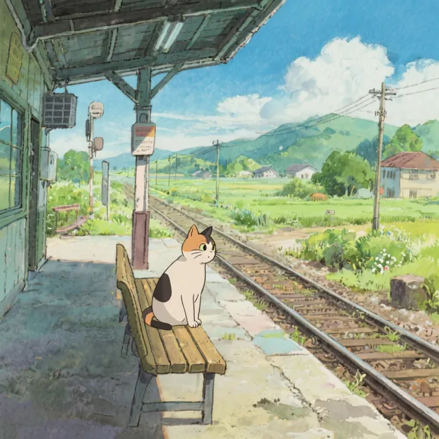 A countryside train station with a cat waiting on a bench. Rendered in Studio Ghibli animation style with Miyazaki's watercolor backgrounds and hand-drawn quality. - Seedream 3.0