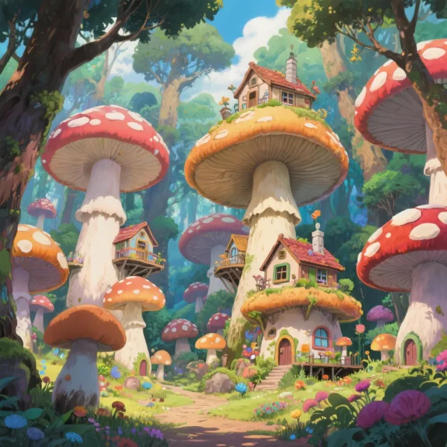 A forest of giant mushrooms with houses built on top of them, rendered in a whimsical Studio Ghibli-inspired art style with vibrant colors and fantastical details. - Seedream 3.0