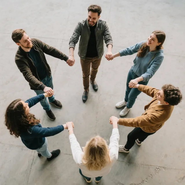 A group of five people joining hands in a circle, seen from above. - Seedream 3.0