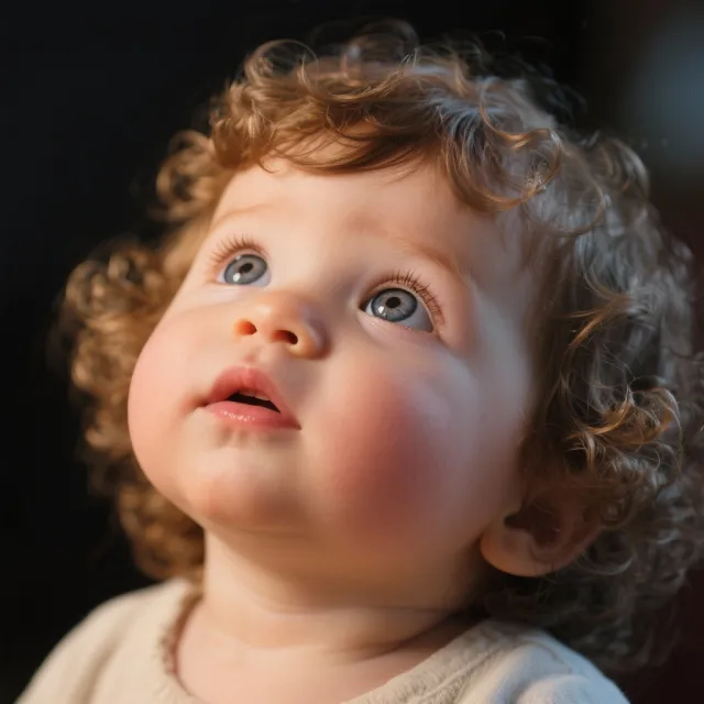 A hyper-realistic photo of a toddler with curly hair and big eyes, looking upward - Bytedance Seedream 3.0