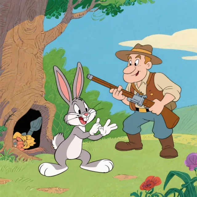 A Looney Tunes-inspired cartoon scene of a clever rabbit tricking a hunter - Bytedance Seedream 3.0