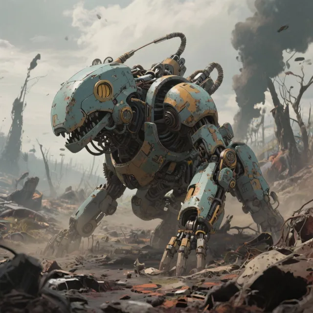 A mechanical creature in a polluted landscape. Capture the visual aesthetic of 'Nausicaä'… - Bytedance Seedream 3.0