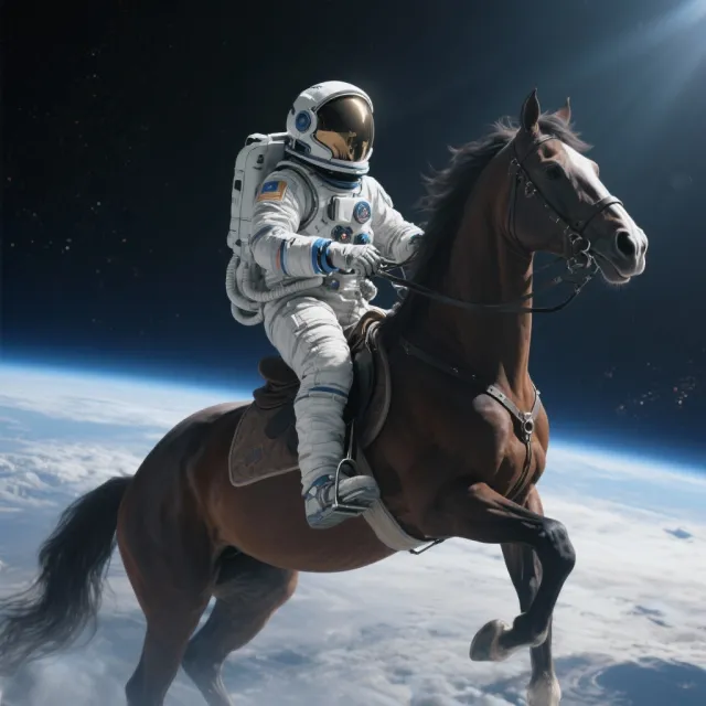 A realistic astronaut being ridden by a horse, photorealistic depiction in outer space… - Bytedance Seedream 3.0