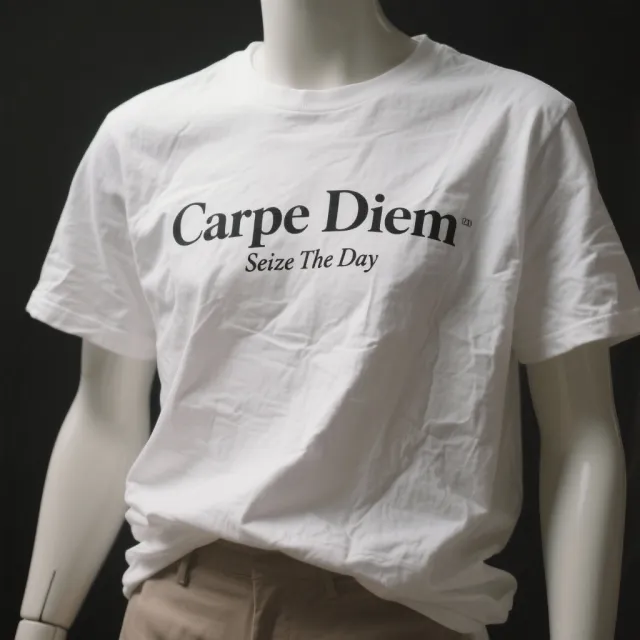 A wrinkled white T-shirt with "Carpe Diem" in bold serif font and "Seize The Day" in… - Bytedance Seedream 3.0