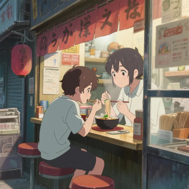 An anime scene of a character eating ramen at a small shop counter (slice-of-life style) - Bytedance Seedream 3.0