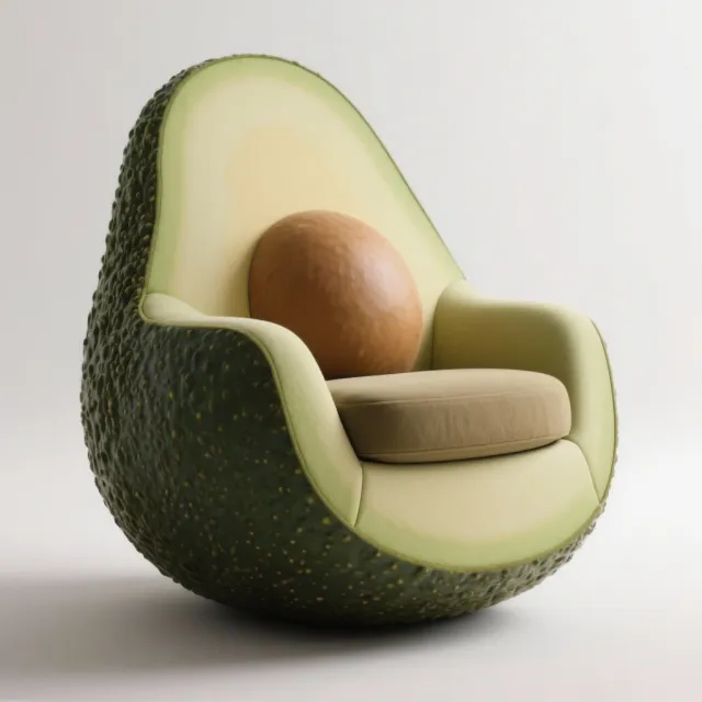 An armchair designed in the shape of an avocado, presented in a contemporary product photography style with professional studio lighting against a minimalist background. - Seedream 3.0