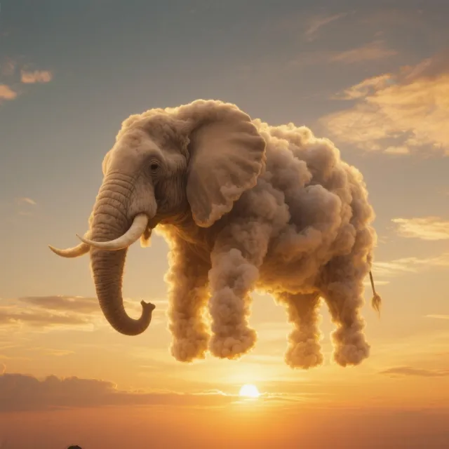An elephant made of clouds floating in a sunset sky, rendered in a surrealist… - Bytedance Seedream 3.0
