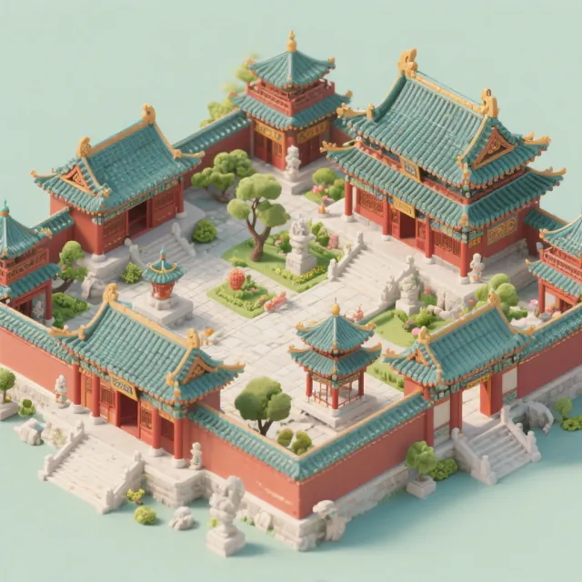 Isometric architectural illustration of an ancient Chinese temple complex showing multiple pavilions, gardens, and ceremonial spaces. Include proper roof structures and traditional ornamentation. - Seedream 3.0