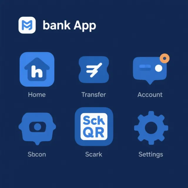Set of 5 consistent flat design icons for a mobile banking app: 'Home', 'Transfer', 'Account', 'Scan QR', 'Settings'. Monochrome dark blue. - Seedream 3.0