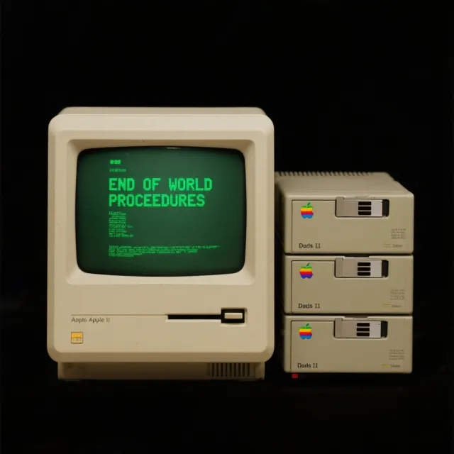 Vintage Apple II computer with green monochrome CRT screen, displaying 'END OF WORLD… - Bytedance Seedream 3.0