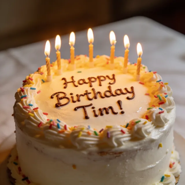 A birthday cake with icing that spells "Happy Birthday Tim!" on top, food photography… - Bytedance Seedream 4.5