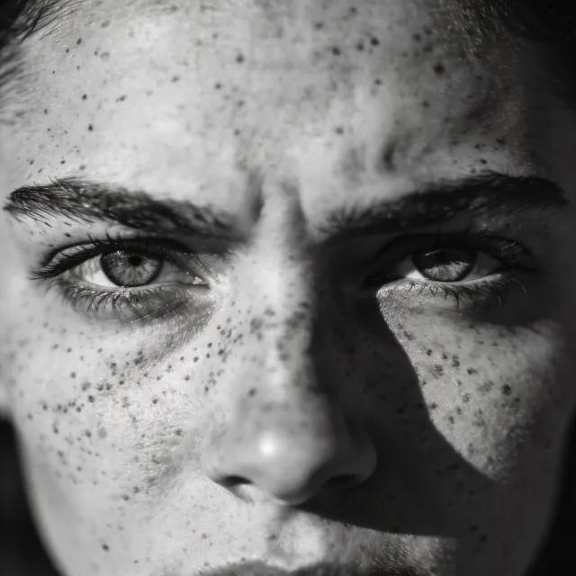 A black and white close-up portrait of a freckled woman with an intense gaze - Bytedance Seedream 4.5