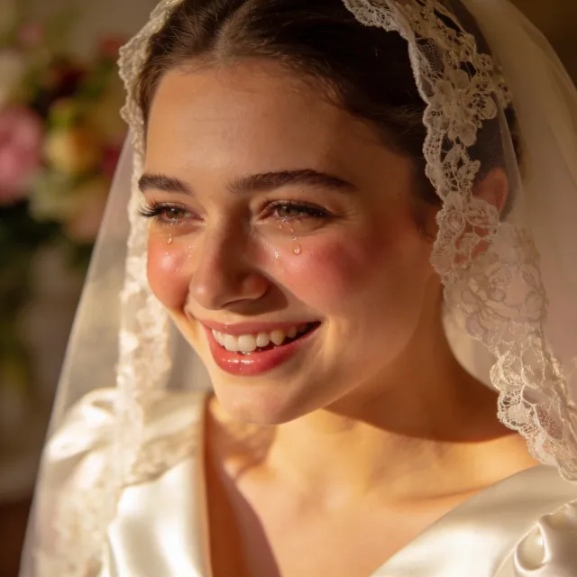A bride on her wedding day, smiling with tears of joy in her eyes - Bytedance Seedream 4.5