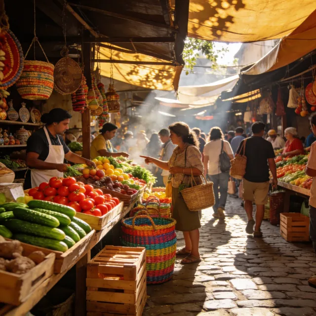 A bustling market scene with dozens of people buying and selling goods - Bytedance Seedream 4.5