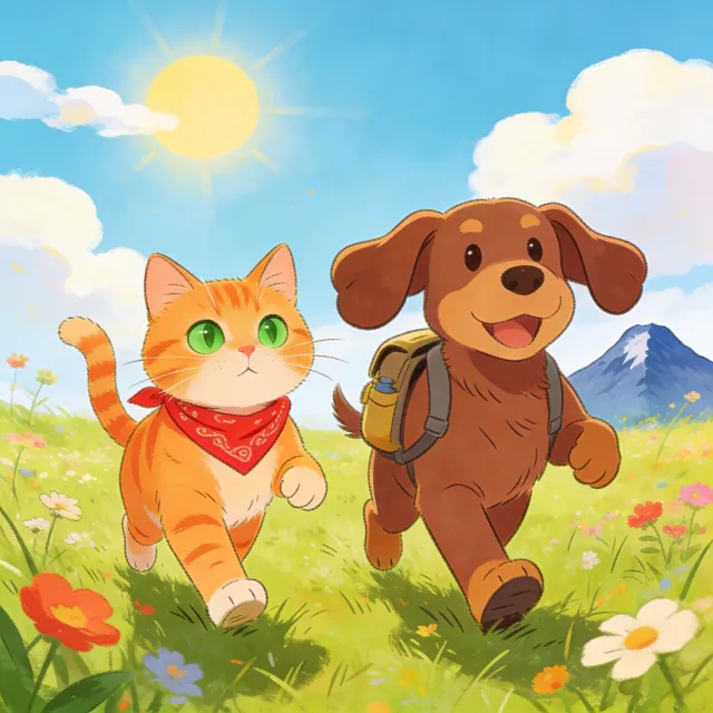 A cartoon of a cat and a dog on an adventure, drawn in a colorful 2D style - Bytedance Seedream 4.5