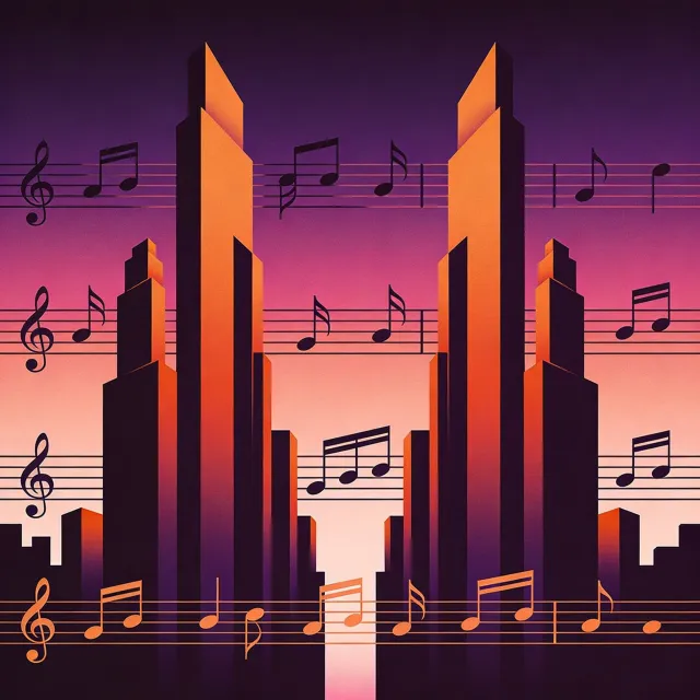 A city skyline that forms the shape of musical notes on a staff, created in a stylized… - Bytedance Seedream 4.5