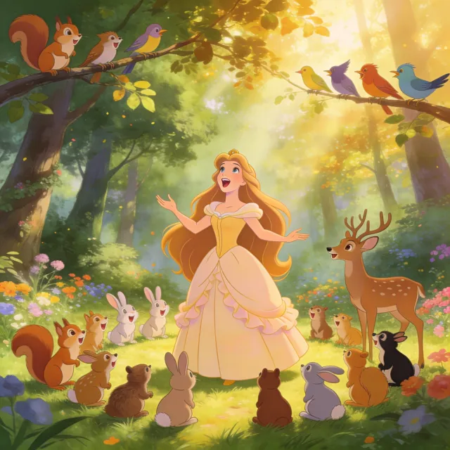 A classic Disney-like 2D cartoon princess singing with animals in a forest - Bytedance Seedream 4.5