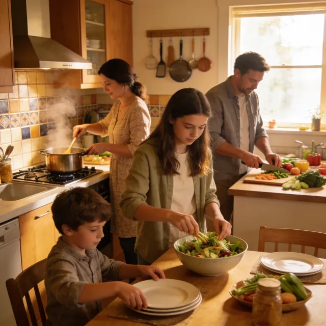 A family cooking together in a kitchen, each person busy with a different task. - Seedream 4.5