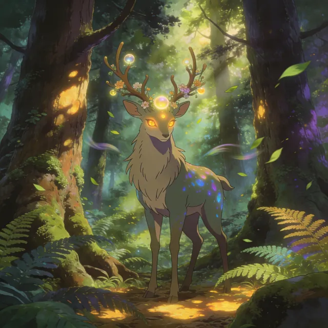 A forest spirit standing among tall trees. Replicate the artistic style of 'Princess… - Bytedance Seedream 4.5