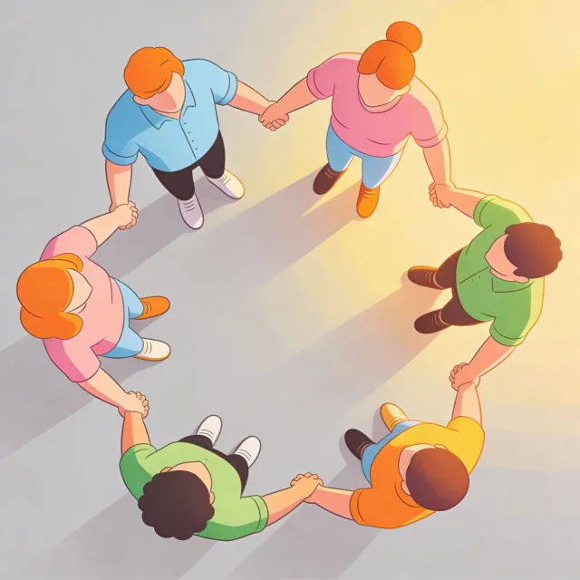 A group of five people joining hands in a circle, seen from above - Bytedance Seedream 4.5