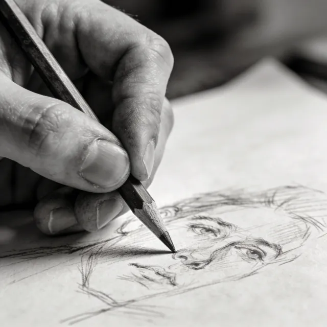 A hand drawing a sketch on paper with a pencil, the hand and pencil tip in clear focus - Bytedance Seedream 4.5