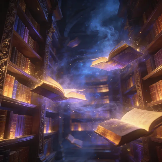 A library where the books are glowing and floating in mid-air, illustrated in a magical realism style with dramatic lighting and rich atmospheric colors. - Seedream 4.5