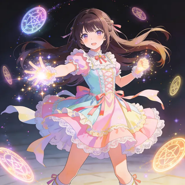 A magical girl character in a frilly dress, casting a spell (classic anime trope) - Bytedance Seedream 4.5