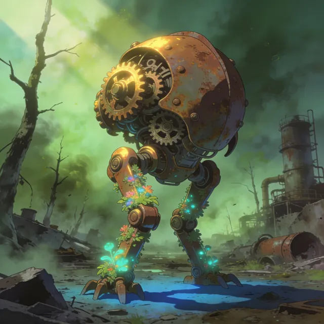 A mechanical creature in a polluted landscape. Capture the visual aesthetic of 'Nausicaä'… - Bytedance Seedream 4.5