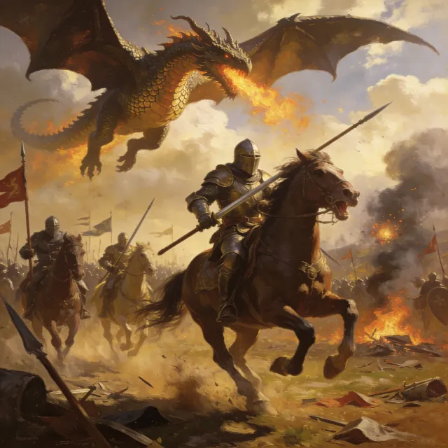 A medieval battlefield with knights on horseback and a dragon flying overhead - Bytedance Seedream 4.5