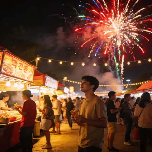 A nighttime festival with fireworks in the sky, food stalls lined up, and crowds mingling - Bytedance Seedream 4.5