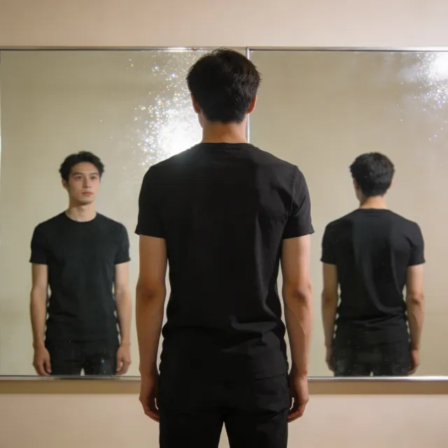 A person standing before a mirror, with their front and reflected back both visible. - Seedream 4.5