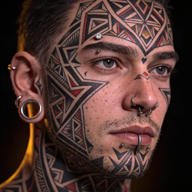 A portrait of a person with elaborate facial tattoos and piercings, shown in sharp detail - Bytedance Seedream 4.5