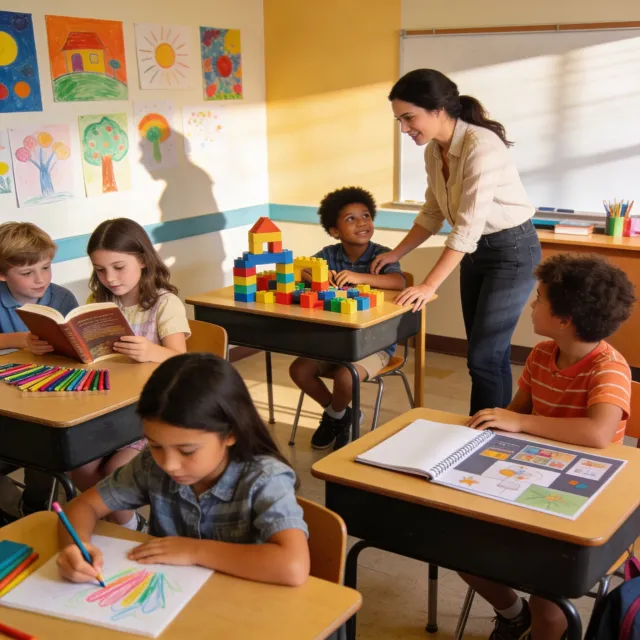 A school classroom of children and a teacher, each student engaged in a different activity. - Seedream 4.5