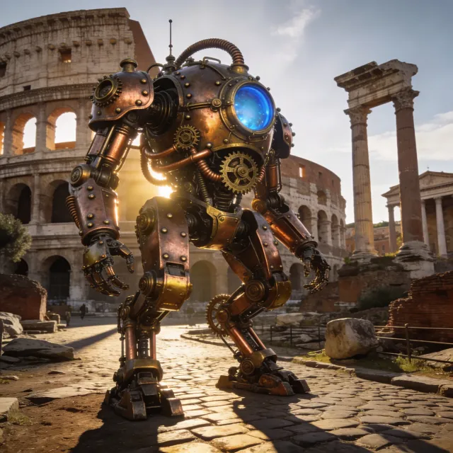 A steampunk robot time-traveling in ancient Rome, depicted in a detailed cinematic style… - Bytedance Seedream 4.5