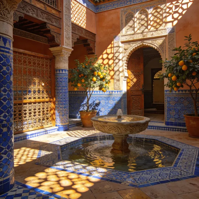 A traditional Moroccan riad courtyard with detailed zellige tilework, flowing fountain, citrus trees, and ornate woodwork. Morning light casting intricate shadow patterns. - Seedream 4.5