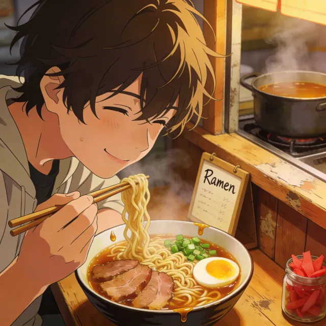 An anime scene of a character eating ramen at a small shop counter (slice-of-life style) - Bytedance Seedream 4.5