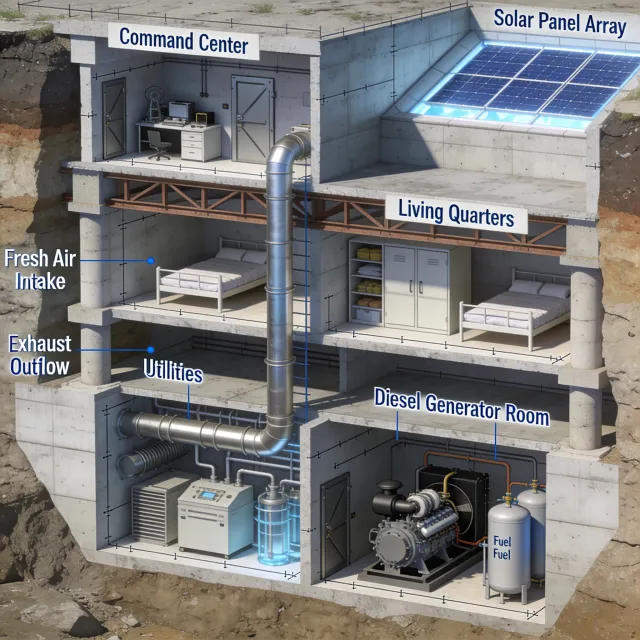 Cross-section rendering of a multi-level underground bunker with different functional… - Bytedance Seedream 4.5