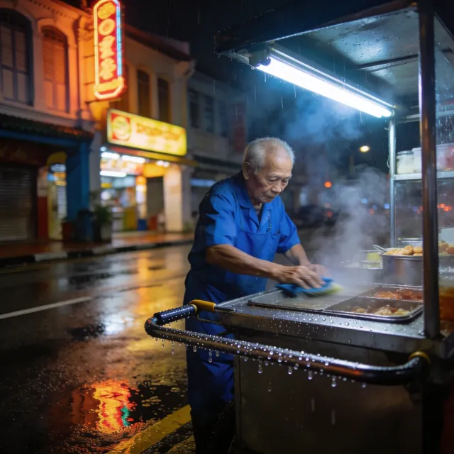 Rain-slicked Singapore street, 3 AM. A lone elderly hawker cleans his cart under one flickering fluorescent light. Steam rises gently. Low-angle shot, photorealistic - Seedream 4.5