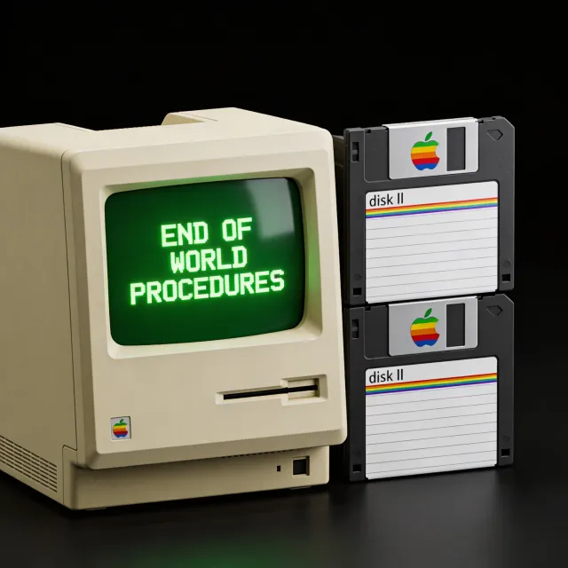 Vintage Apple II computer with green monochrome CRT screen, displaying 'END OF WORLD… - Bytedance Seedream 4.5