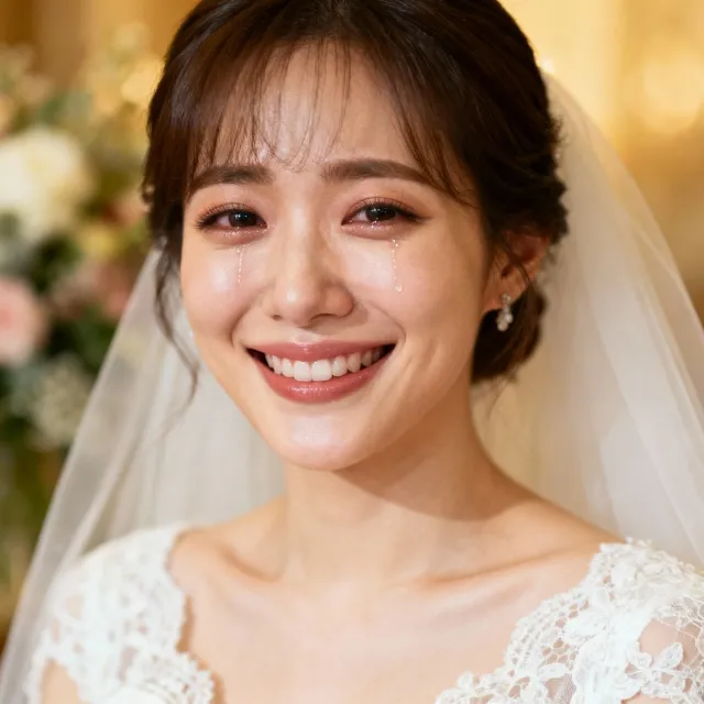 A bride on her wedding day, smiling with tears of joy in her eyes - Bytedance Seedream 4.0