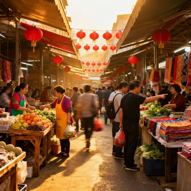 A bustling market scene with dozens of people buying and selling goods - Bytedance Seedream 4.0