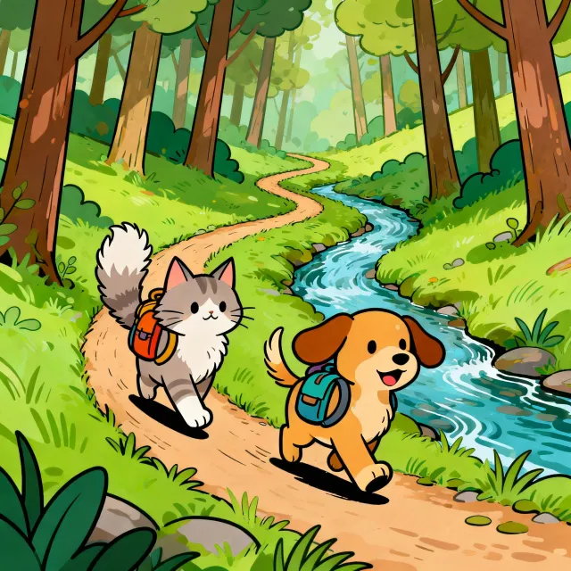 A cartoon of a cat and a dog on an adventure, drawn in a colorful 2D style - Bytedance Seedream 4.0