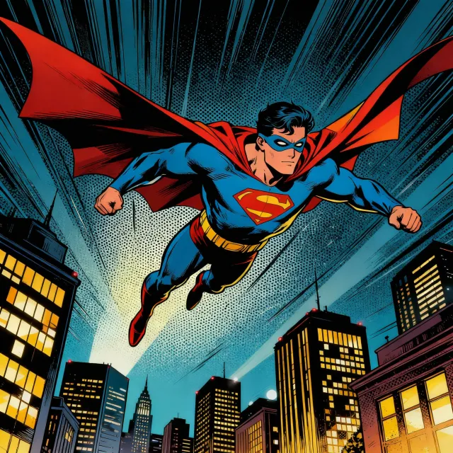 A comic-book style superhero flying over a city at night, with halftone shading - Bytedance Seedream 4.0